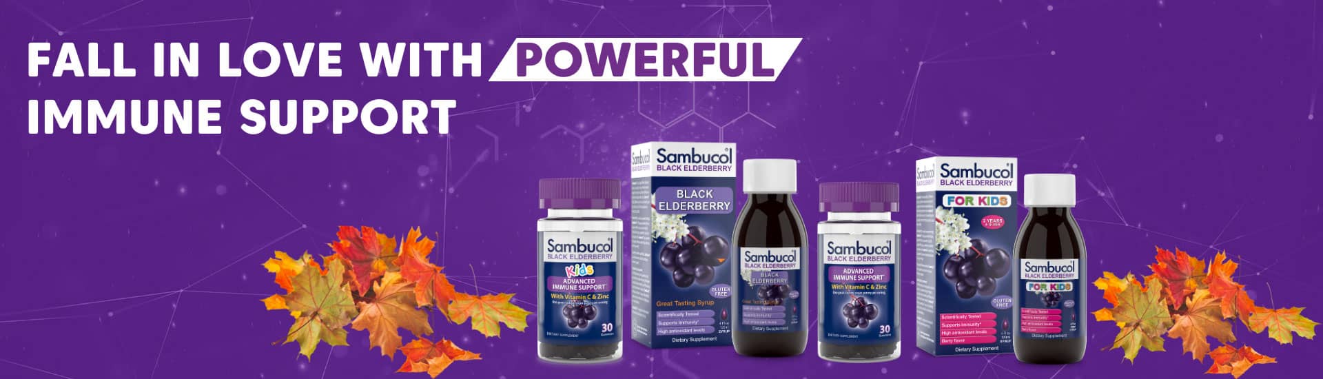 Image of Sambucol products with fall leaves that says fall in love with powerful immune support